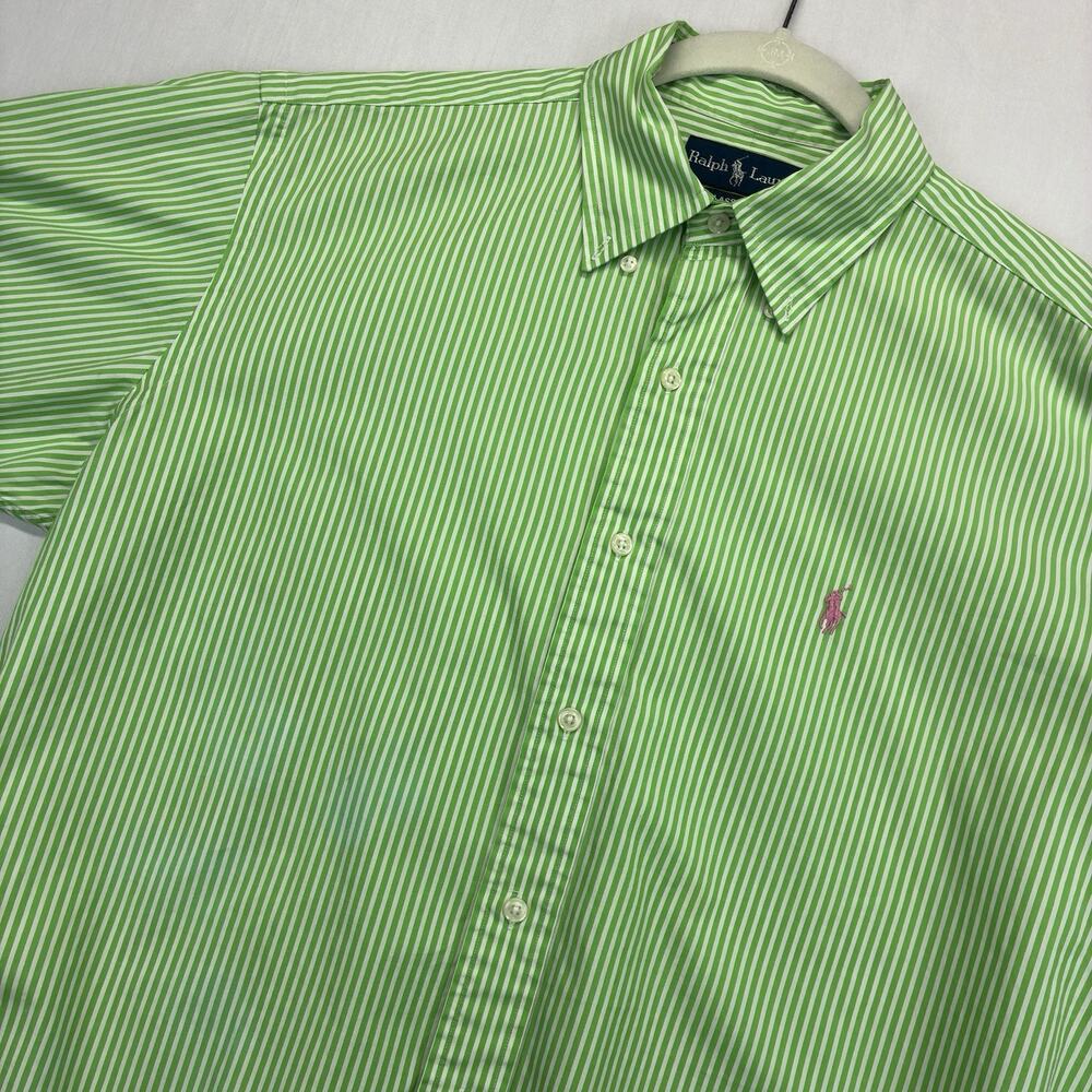 Ralph Lauren Classic Fit Green White Stripe Button Shirt Mens Medium